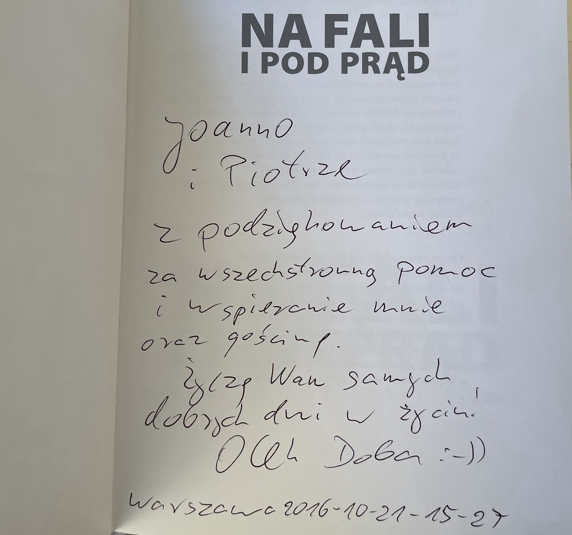 Książka Aleksandra Doby z dedykacją autora dla Piotra Chmielińskiego