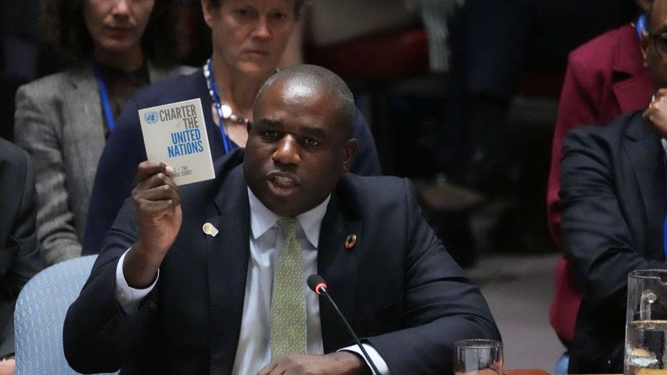 Temporary
British Foreign Secretary David Lammy holds up a copy of the UN Charter as he speaks during a UN Security Council meeting on the conflict between Ukraine and Russia at the United Nations headquarters in New York City on September 24, 2024. (Photo by Bryan R. SMITH / AFP)
BRYAN R. SMITH