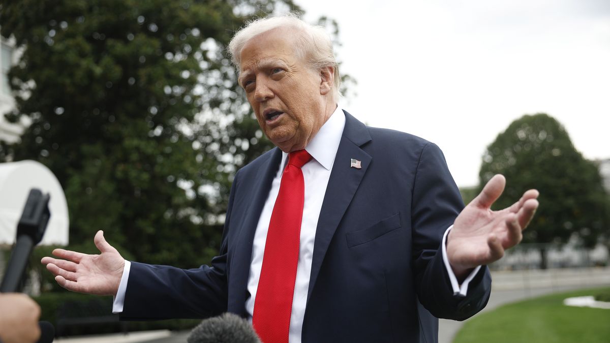 WASHINGTON, DC - SEPTEMBER 16: U.S. President Donald Trump speaks to members of the media as he departs the White House en route to London on September 16, 2025 in Washington, DC. President Trump and the first lady are traveling to the United Kingdom where they are expected to meet with King Charles III and Queen Camilla at Windsor Castle and British Prime Minister Keir Starmer.