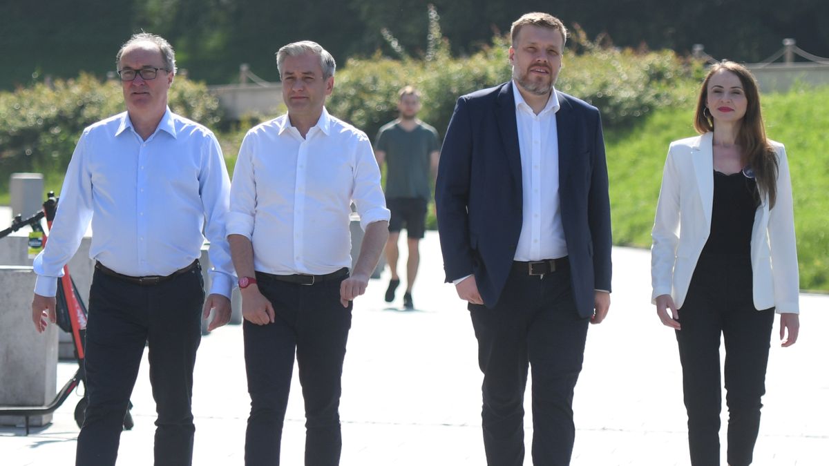 (R-L) Robert Biedron, Adrian Zandberg, Wlodzimierz Czarzasty and Agnieszka Dziemianowicz-Bak, from the left-wing political coalition The Left (Lewica) on their way to Robert Biedron's press conference during his presidential campaign in Krakow. On Friday, June 26, 2020, in Krakow, Lesser Poland Voivodeship, Poland. (Photo by Artur Widak/NurPhoto via Getty Images)