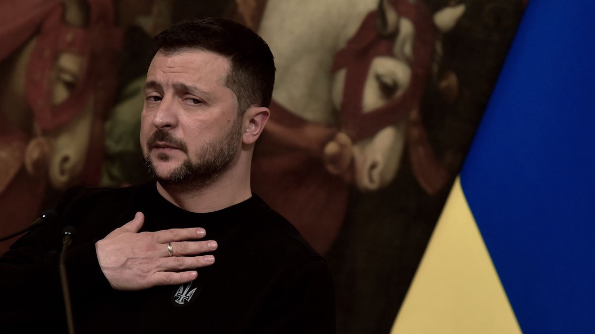 ROME, ITALY - MAY 13: President of Ukraine Volodymyr Zelensky speaks to media during a joint press conference after a meeting with Italian Prime Minister Giorgia Meloni at Palazzo Chigi on May 13, 2023 in Rome, Italy. Ukraine's President Zelensky makes an official visit to Rome for talks with Pope Francis, Italian Prime Minister Giorgia Meloni and Italian President Mattarella. (Photo by Simona Granati - Corbis/Corbis via Getty Images)