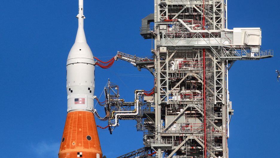 The Orion capsule onboard Artemis I, NASA&apos;s heavy-lift lunar rocket system, sits temporarily grounded at pad 39-B at Kennedy Space Center, Florida, Tuesday, Sept. 6, 2022, after the scrub of the second launch attempt on Saturday. (Joe Burbank/Orlando Sentinel/Tribune News Service via Getty Images)