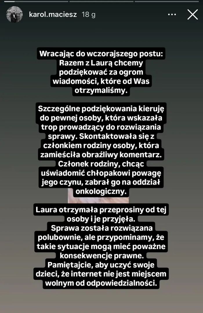 Laura otrzymała i przyjęła przeprosiny