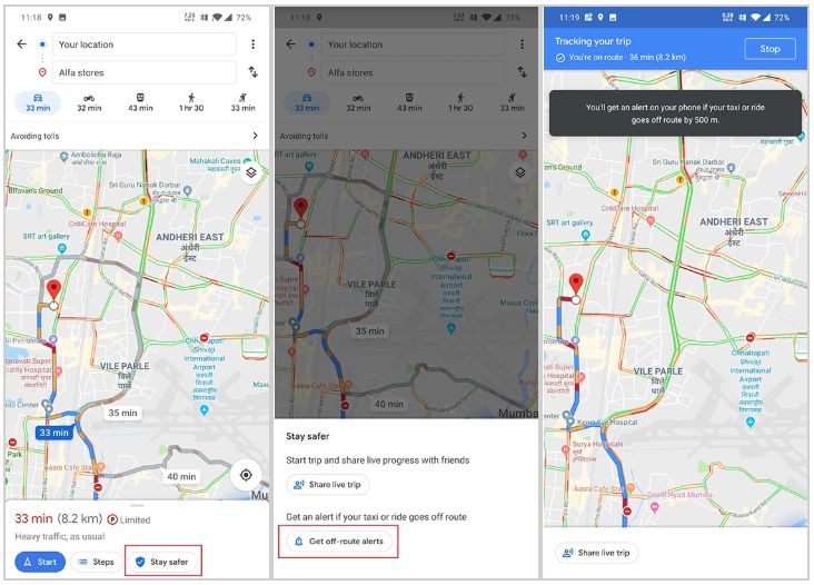 Opcja powiadamiana o zboczeniu z trasy w Mapach Google, źródło: XDA Developers.