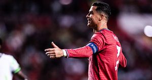 Cristiano Ronaldo of Portugal reacts with a smile during the FIFA World Cup 2026 international friendly match between Portugal and Nigeria at Estadio Dr. Magalhaes Pessoa in Leiria, Portugal, on June 10, 2026. (Photo by Rodrigo Moreira/NurPhoto via Getty Images)