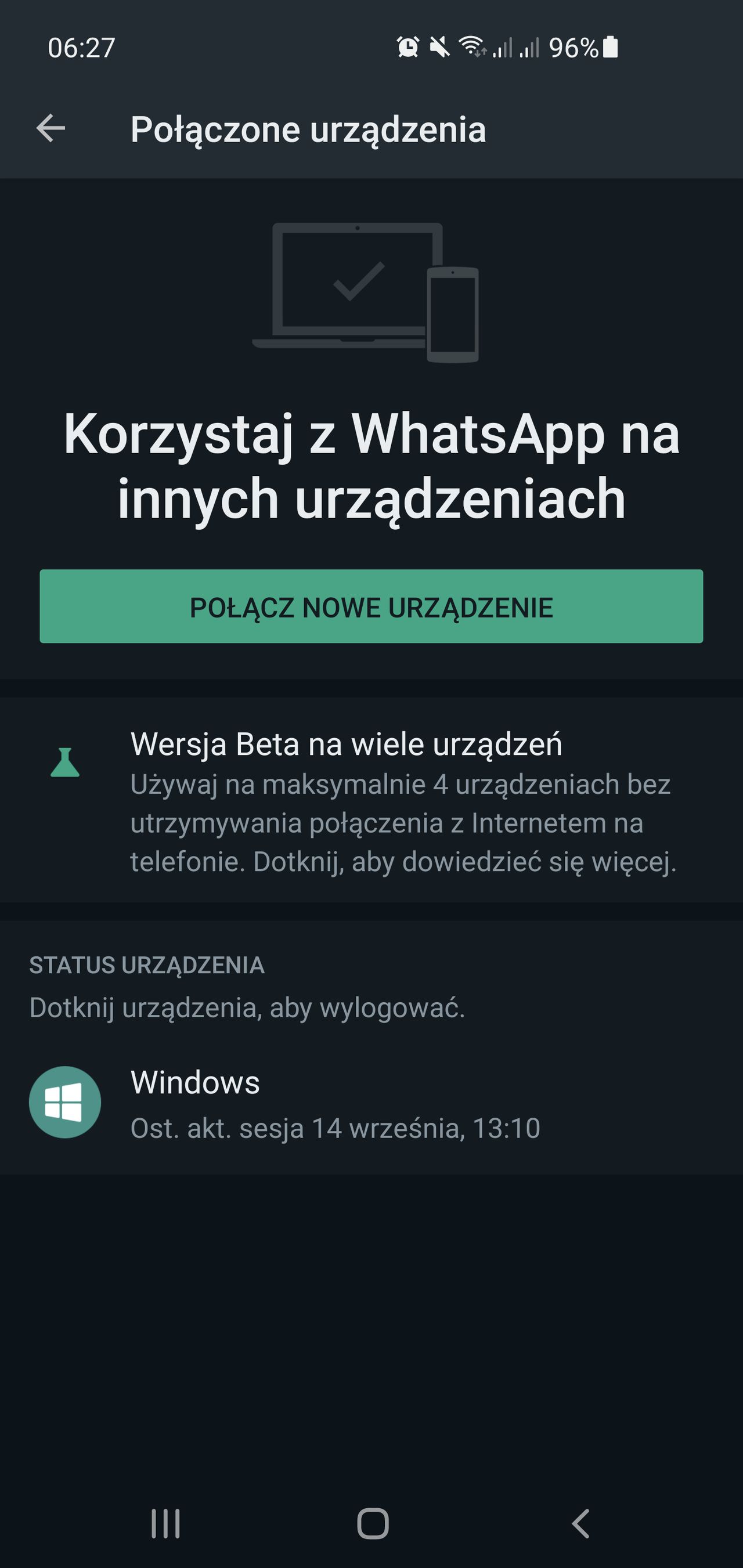 W przypadku Androida pełna obsługa wielu urządzeń nadal jest dostępna tylko w WhatsAppie beta