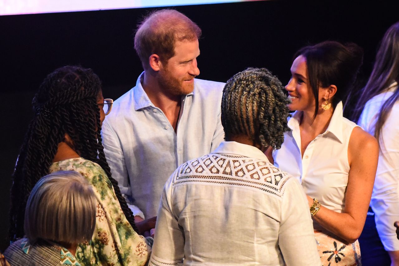 CALI, COLOMBIA - AUGUST 18: Prince Harry, Duke of Sussex, Meghan, Duchess of Sussex, Aurora Vergara, and Francia Marquez, Colombian vice president are seen at the Afro Women and Power Forum at the Municipal Theater of Calid during a visit around Colombia on August 18, 2024 in Cali, Colombia. (Photo by Edwin Rodriguez Pipicano/Anadolu via Getty Images)