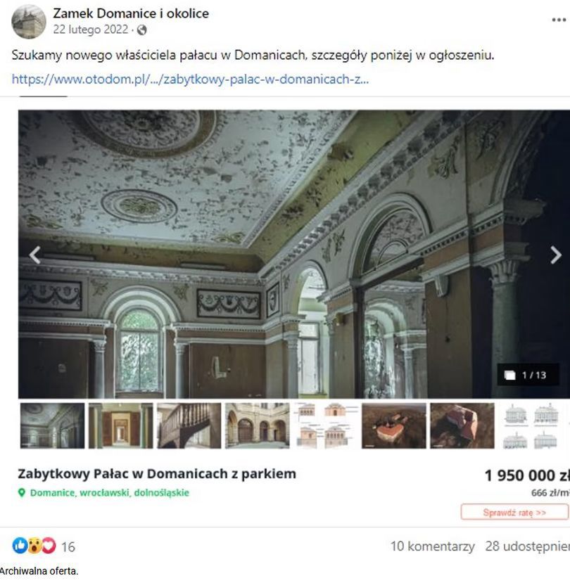 Archiwalne głoszenie pałacu na Facebooku