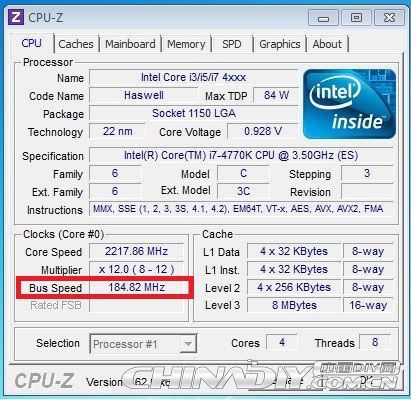 Intel Core i7 4770K Haswell procesor BCLK 184 MHz CPU-Z