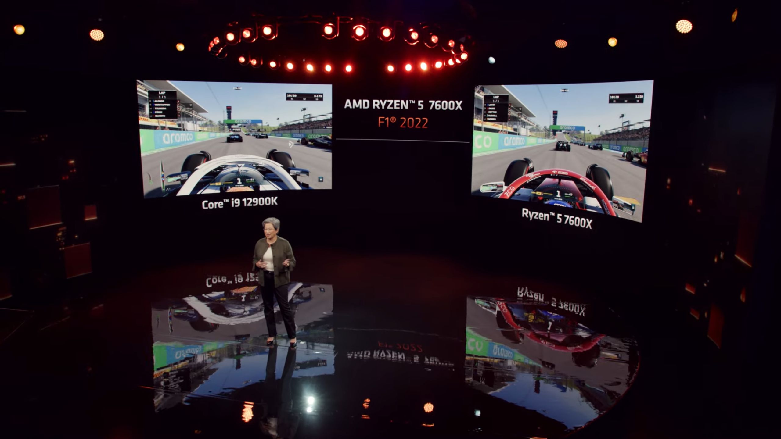 Wydajność Ryzena 5 7600X w porównaniu do Core i9-12900K w grze F1 2022.