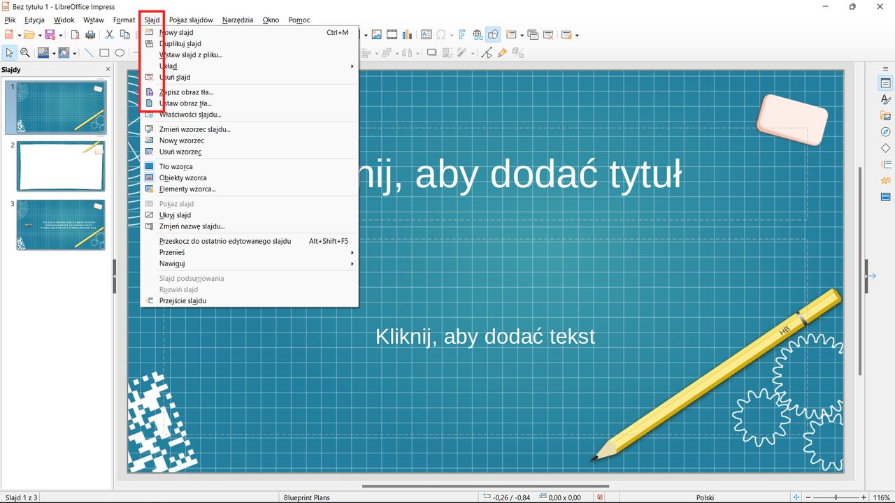 LibreOffice Impress: menu SLAJD