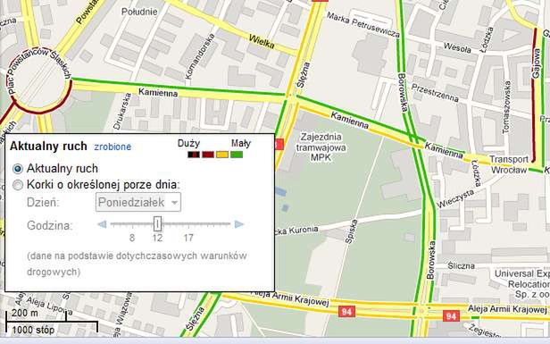 Usługa pozwala na sprawdzenie typowego natężenia ruchu (Fot. Maps.Google.pl)