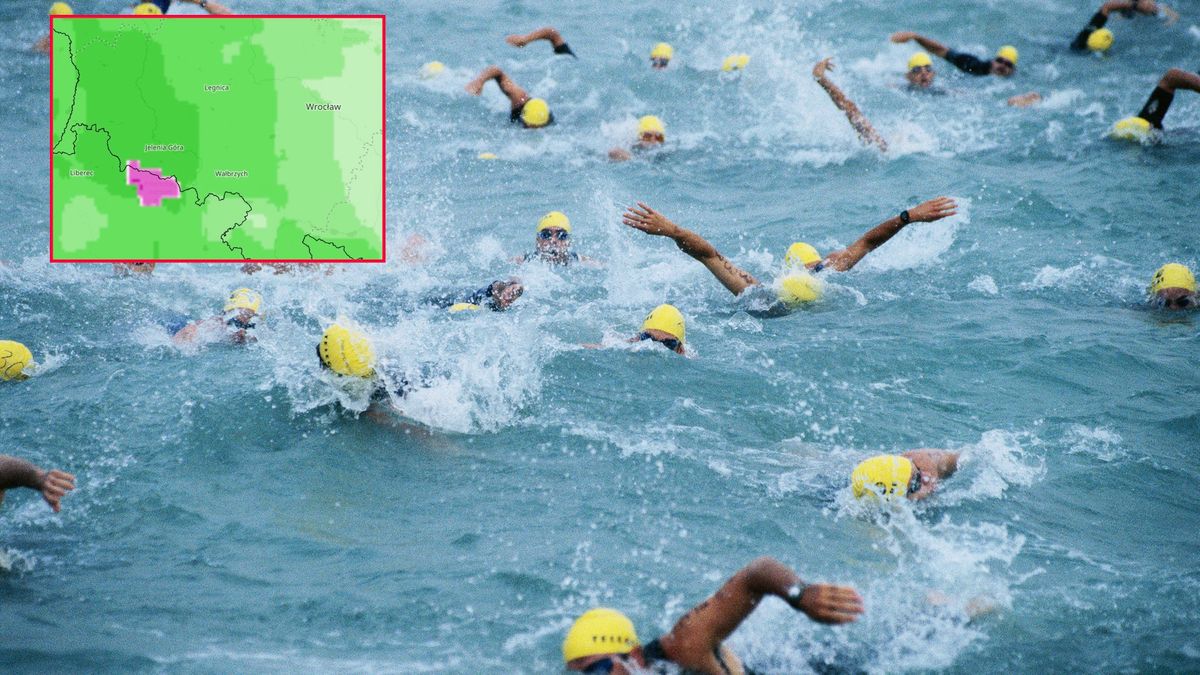 Getty Images / Na zdjęciu: Uczestnicy triathlonu. W ramce prognozy opadów (IMGW).