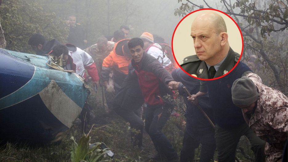 Miejsce katastrofy w Iranie, na małym zdjęciu gen. Drewniak