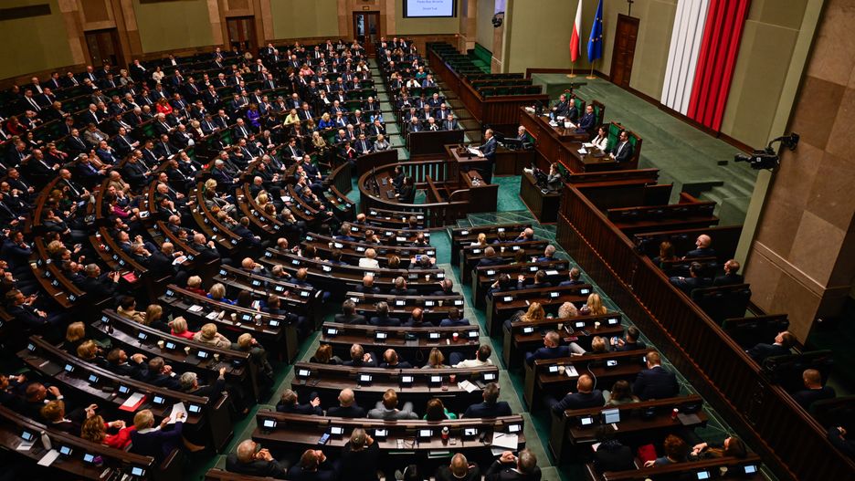WARSAW, POLAND - DECEMBER 12: A general view of the parliament as the leader of Civic Coalition (KO), Donald Tusk delivers a speech ahead of the vote of confidence on his government cabinet during a session at the parliament (SEJM) on December 12, 2023 in Warsaw, Poland. on December 12, 2023 in Warsaw, Poland. After eight years of Poland's national conservative party in power, centrist Donald Tusk is back and set to forge a pro-EU government. (Photo by Omar Marques/Getty Images)