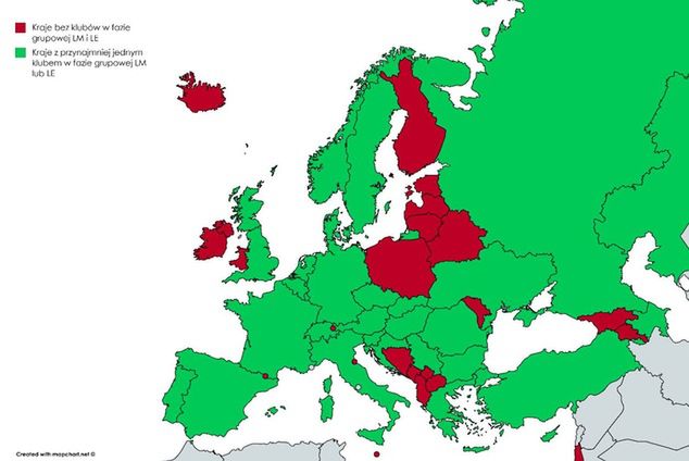 Na czerwono państwa, które nie mają już drużyn w europejskich pucharach.