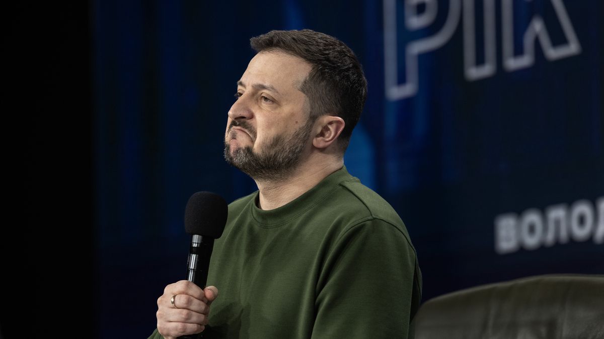 KYIV, UKRAINE - FEBRUARY 25: Ukrainian President Volodymr Zelensky speaks during a press conference at the Ukraine Year 2024 forum on February 25, 2024 in Kyiv, Ukraine. Yesterday marked two years since Russia's large-scale invasion of Ukraine, which has left tens of thousands dead and many more wounded, although neither country releases official casualty figures. However, Zelensky stated that 31,000 Ukrainian soldiers have been killed in Russia's war so far. The war has also sparked economic insecurity around the world, further isolated Russia from the West, and, while initially galvanizing NATO countries, has exposed tensions between Western allies over the scale and duration of military support to Ukraine. Two years on, the war shows no sign of ending, even while the frontlines have changed very little in recent months (Photo by Paula Bronstein/Getty Images)