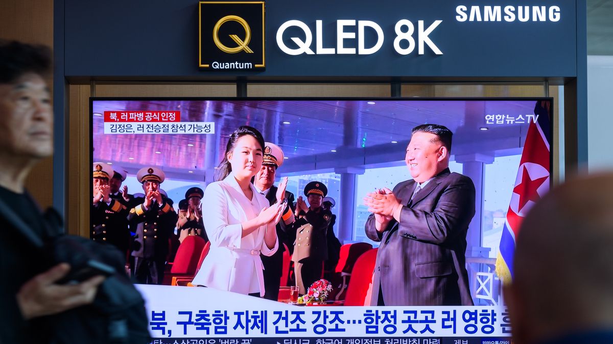 People look at a 24-hour Yonhap news TV broadcast at Seoul
SEOUL, SOUTH KOREA - 2025/04/28: People look at a 24-hour Yonhap news TV broadcast at Seoul Railway Station showing a news broadcast with the North Korean leader Kim Jong Un (R) and his daughter, believed to be named Kim Ju Ae (L), attending the launch ceremony of the new Choi Hyun destroyer at the North Korea's western port city of Nampo. North Korea unveiled its new 5,000-ton multipurpose destroyer at the ceremony held at a shipyard in North Korea's western port city of Nampho on April 25, the 93rd founding anniversary of the Korean People's Revolutionary Army, according to the report by the KCNA on April 26.
North Korean leader Kim Jong Un attended the ceremony with his daughter, believed to be named Kim Ju Ae, and examined the newly built naval warship, named Choe Hyon after a deceased North Korean anti-Japanese revolutionary fighter. (Photo by Kim Jae-Hwan/SOPA Images/LightRocket via Getty Images)
SOPA Images
nampho, 24-hour yonhap, seoul railway station, 93rd founding anniversary, choi hyun, news tv broadcast, multipurpose destroyer, kim jong un, korean people's revolutionary army, kim ju ae, launching ceremony