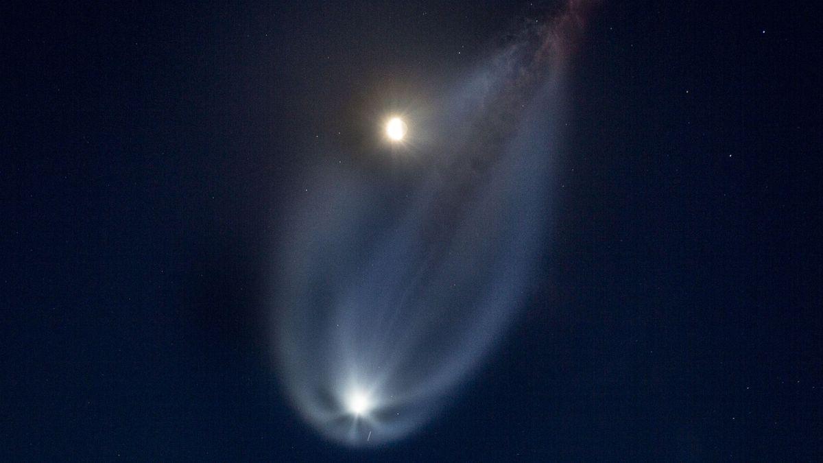 LOMPOC, CA - APRIL 20: SpaceX, an American aerospace manufacturer, successfully launched a Falcon 9 rocket with multiple Starlink satellites, in partnership with Northrop Gruman, from Vandenberg Space Force Base on April 20, 2025, in Lompoc, California. The early morning SpaceX Falcon 9 rocket's payload of ten batches of reconnaissance satellites for the National Reconnaissance Office, has drawn the ire of local residents living near the base and dealing with the noise as the number of launches have risen to one per week.  (Photo by George Rose/Getty Images)