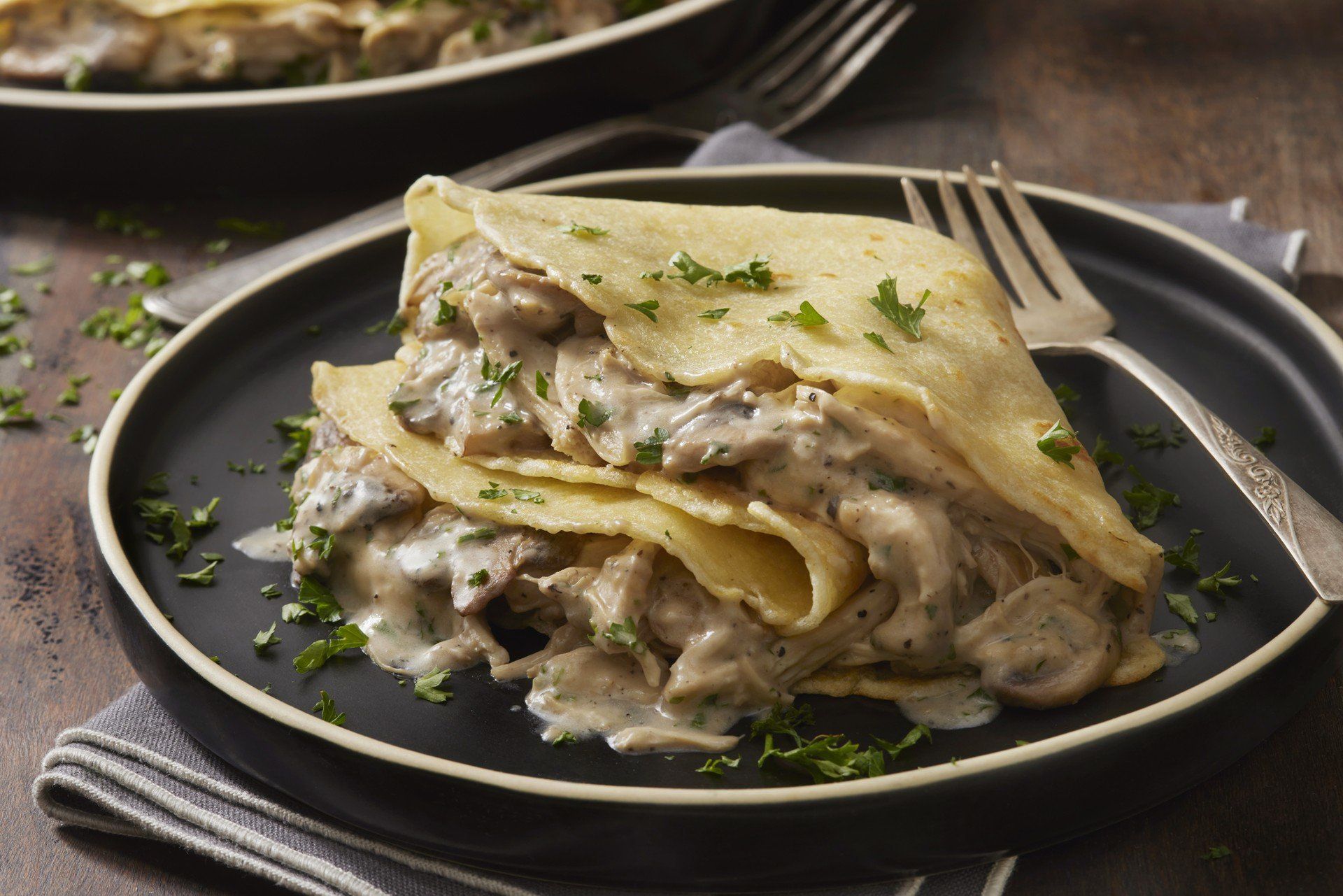 Savory Crepes with Creamy Garlic, Chicken and Mushrooms