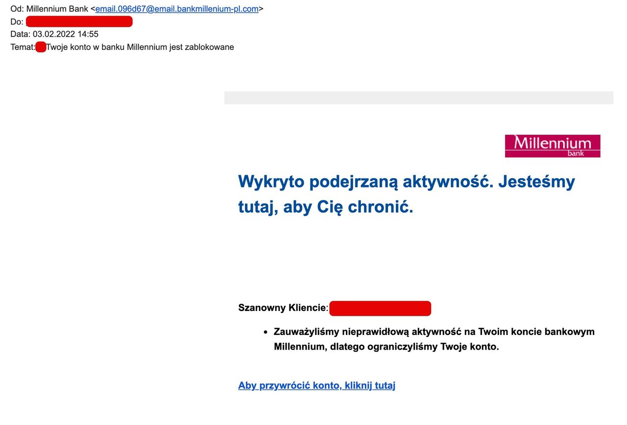 Oszustwo przy wykorzystaniu wizerunku Banku Millenium