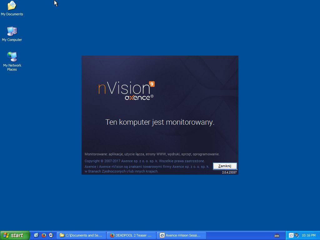 Agent informuje użytkownika Windows XP, że system jest monitorowany