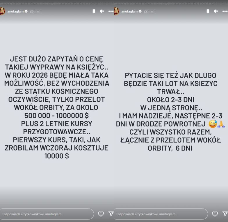 Aneta Glam przygotowuje się do lotu wokół Księżyca