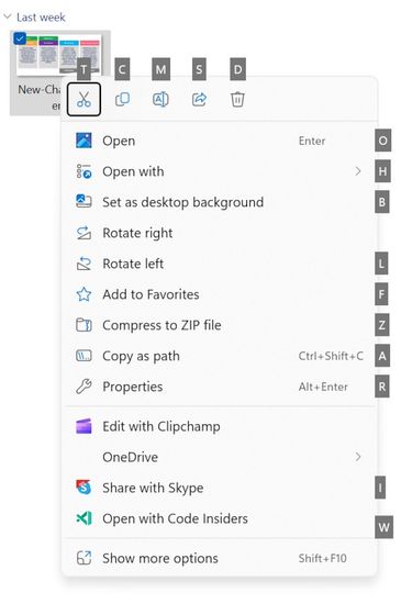 Skróty klawiszowe w menu kontekstowym Eksploratora plików Windows 11