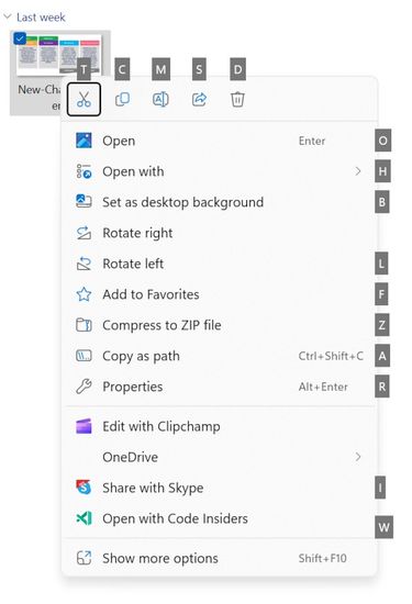 Skróty klawiszowe w menu kontekstowym Eksploratora plików Windows 11