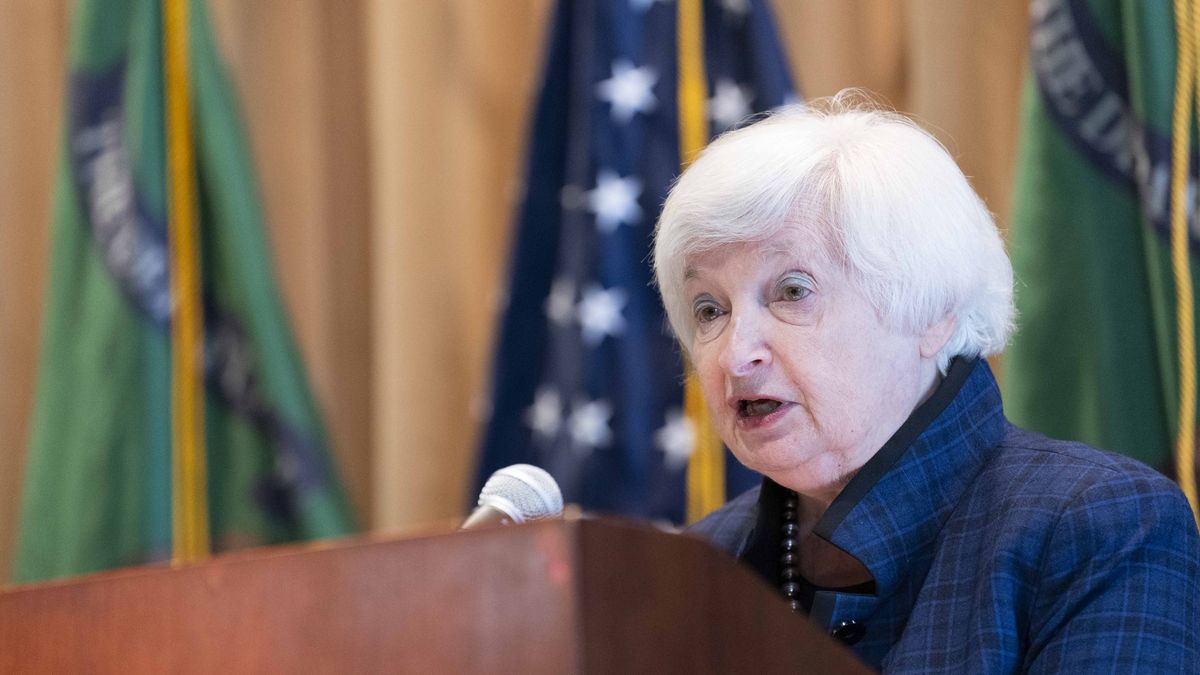 WASHINGTON, DC - APRIL 04: Treasury Secretary Janet Yellen speaks before swearing in new Internal Revenue Commissioner Danny Werfel at the IRS Headquarters on April 4, 2023 in Washington, DC. (Photo by Bonnie Cash/Getty Images)