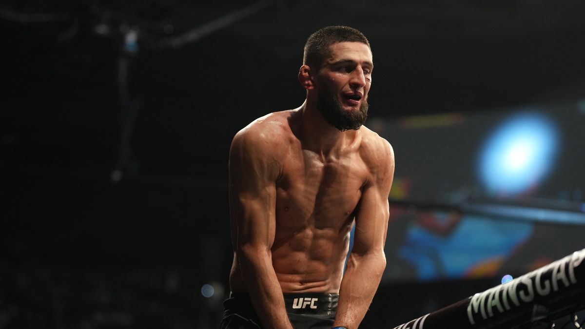 JACKSONVILLE, FL - APRIL 9: Khamzat Chimaev celebrates his victory over Gilbert Burns in their Welterweight fight during the UFC 273 event at  on April 9, 2022, at Vystar Memorial Arena in Jacksonville, Florida. (Photo by Louis Grasse/PxImages/Icon Sportswire via Getty Images)