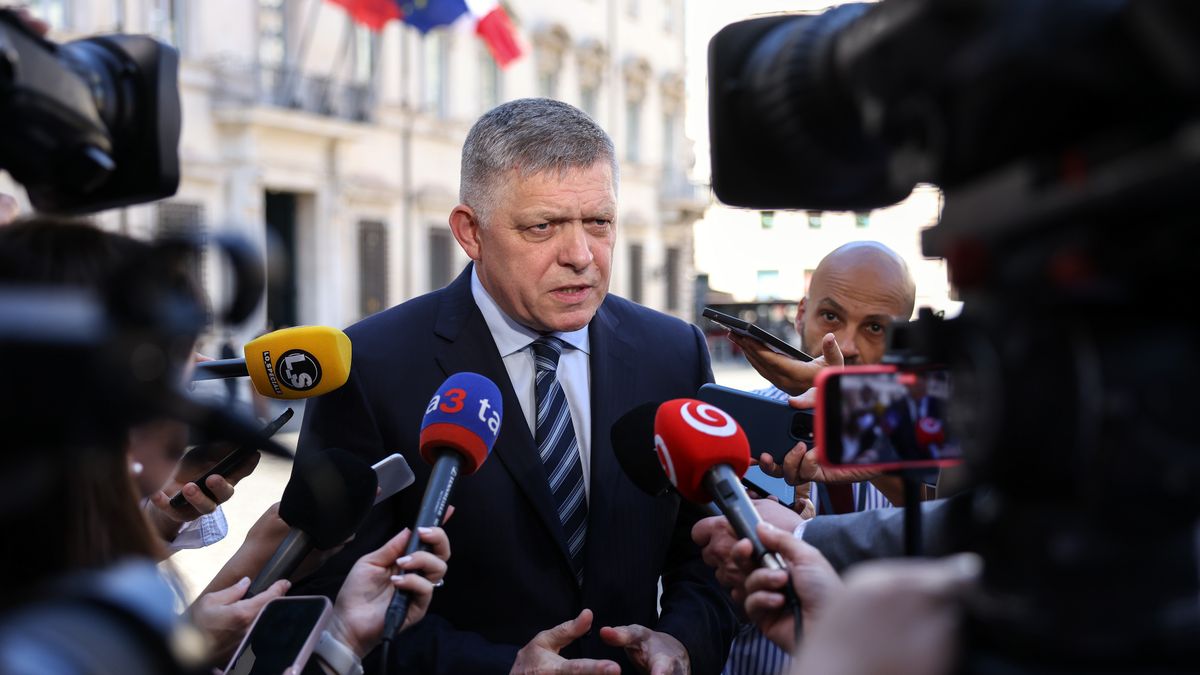 Robert Fico, Slovakia's prime minister, speaks to members of the media in Rome, Italy, on Tuesday, June 3, 2025. Fico has emerged as one of the EU's most vocal critics of sanctions against Russia, arguing they often harm Europe more. Photographer: Alessia Pierdomenico/Bloomberg via Getty Images