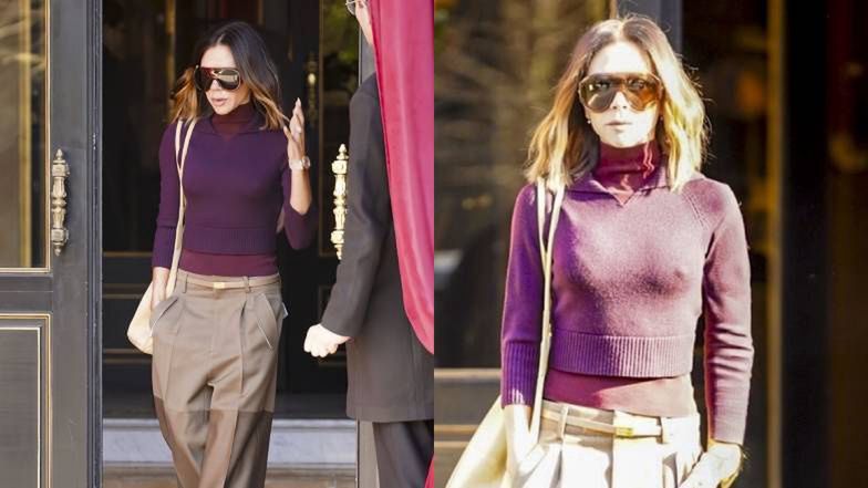 Casualowa Victoria Beckham w burgundowym swetrze wychodzi z hotelu w Paryżu. Ikona mody?