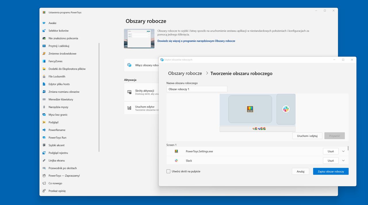 Obszary robocze w PowerToys