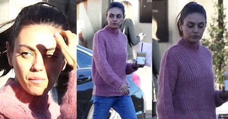 Zaspana Mila Kunis przechadza się ze śniadaniem na wynos