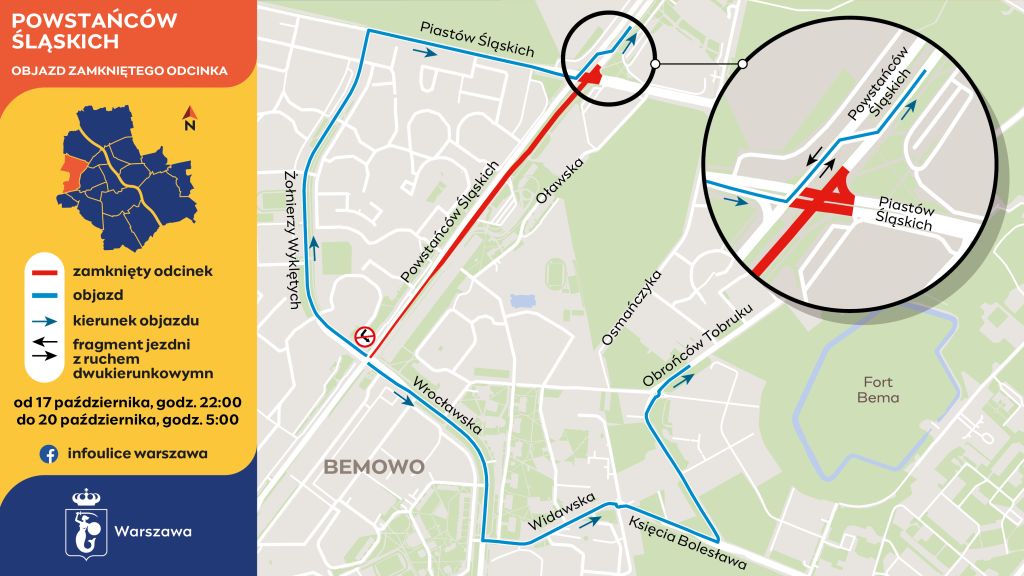 grafika to mapa przedstawiająca kolorem czerwonym zamknięty odcinek jezdni na Bielany - od Wrocławskiej do Piastów Śląskich. Kolorem niebieskim zaznaczono objazd utrudnień czyli ulice: Wrocławską, Żołnierzy Wyklętych i Piastów Śląskich oraz Wrocławską, Widawską, Księcia Bolesława i Obrońców Tobruku