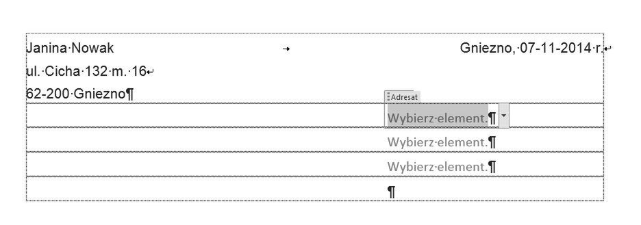 Listy wyboru wstawione w miejscu danych adresata