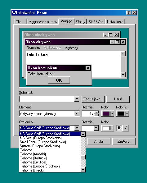 Dość rozbudowane możliwosci zmiany wyglądu systemu Windows 98