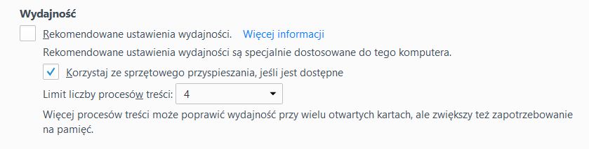 Ustawienia wydajności pozwalają samodzielnie zmienić liczbę procesów zawartości