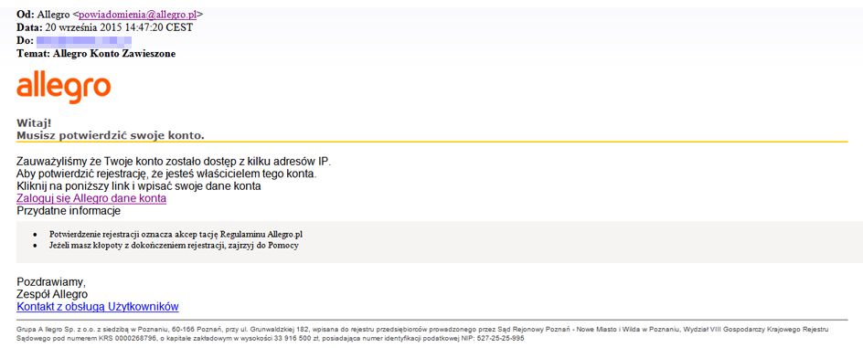 Fałszywa wiadomość nakłaniająca do logowania