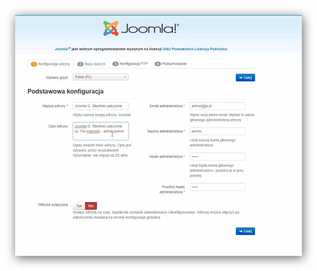 Pierwsza strona konfiguracyjna systemu CMS Joomla.