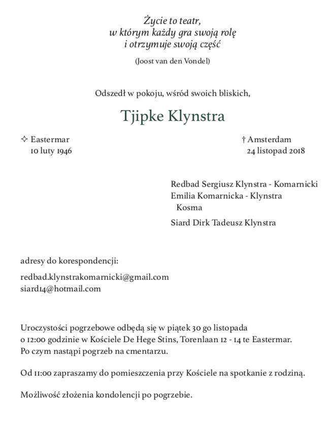 Nie żyje ojciec Redbada Klynstry