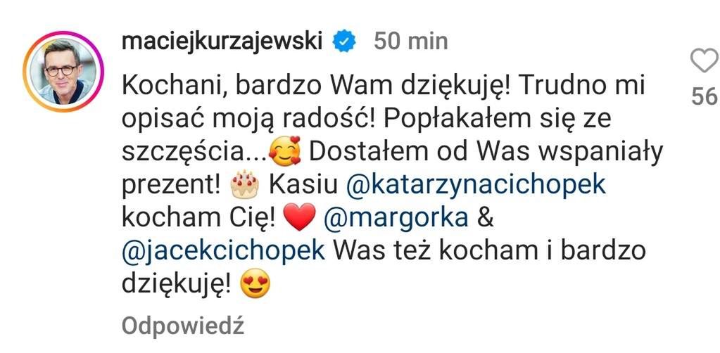 Maciej Kurzajewski dziękuje za życzenia i wyznaje miłość Kasi Cichopek