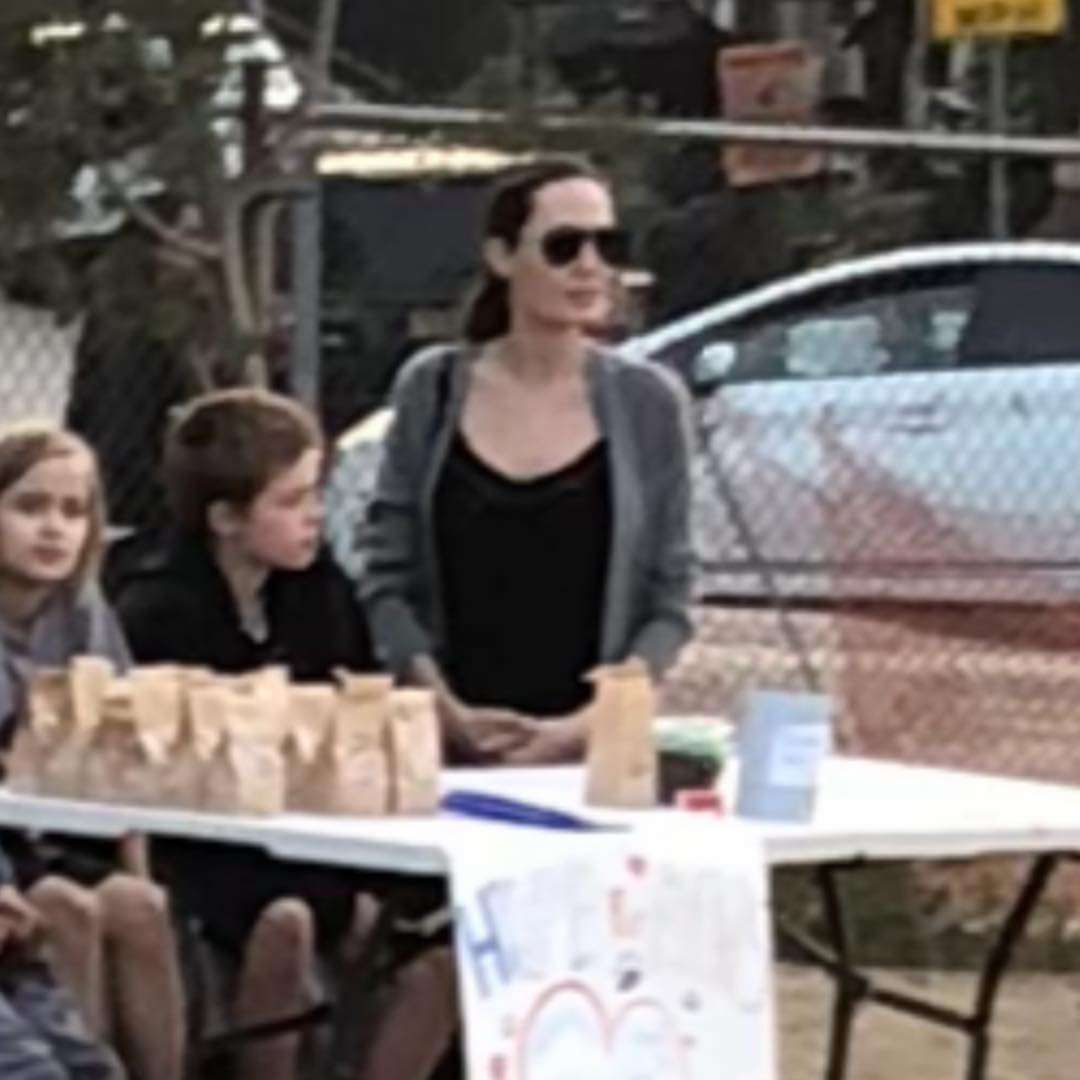Angelina Jolie  dziećmi sprzedaje psie chrupki w parku
