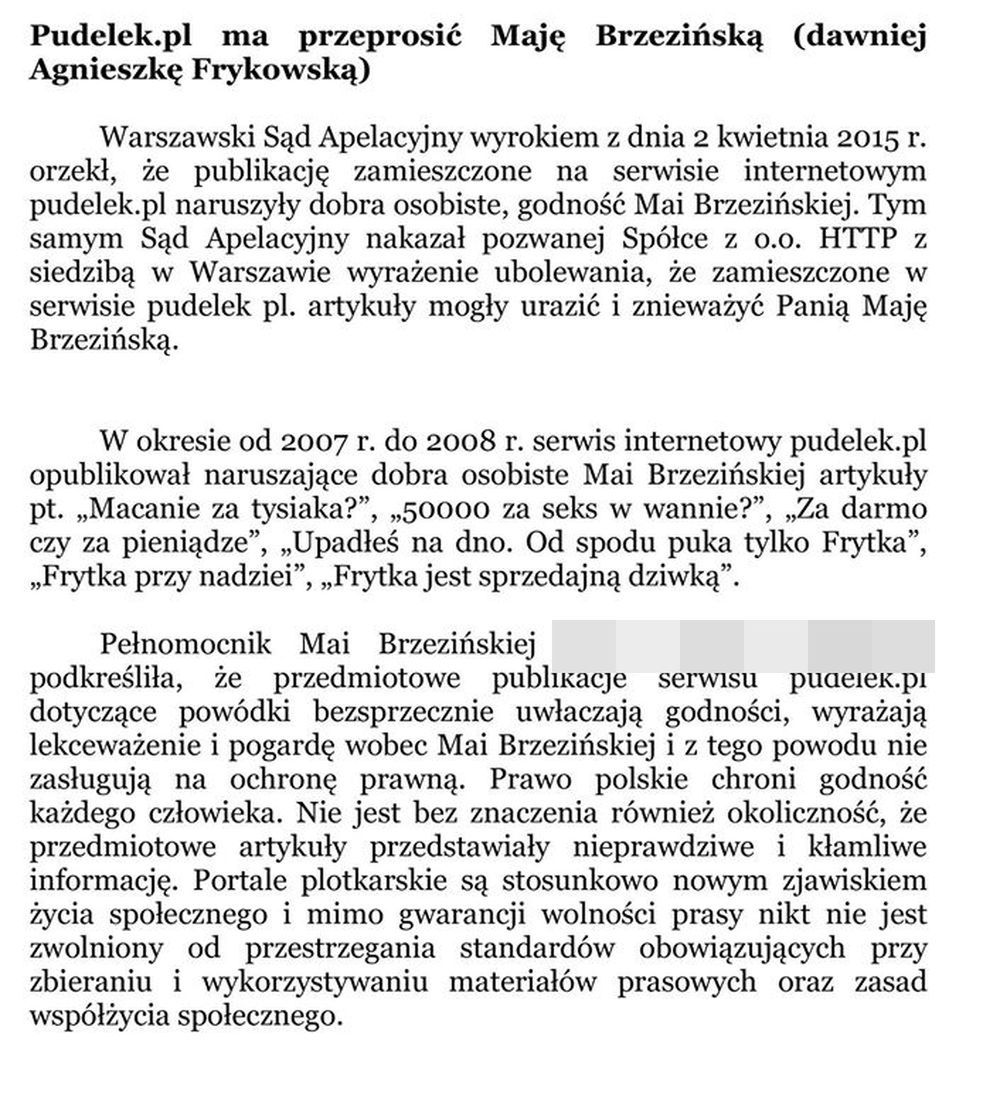 Oświadczenie sądu w sprawi Mai Frykowskiej