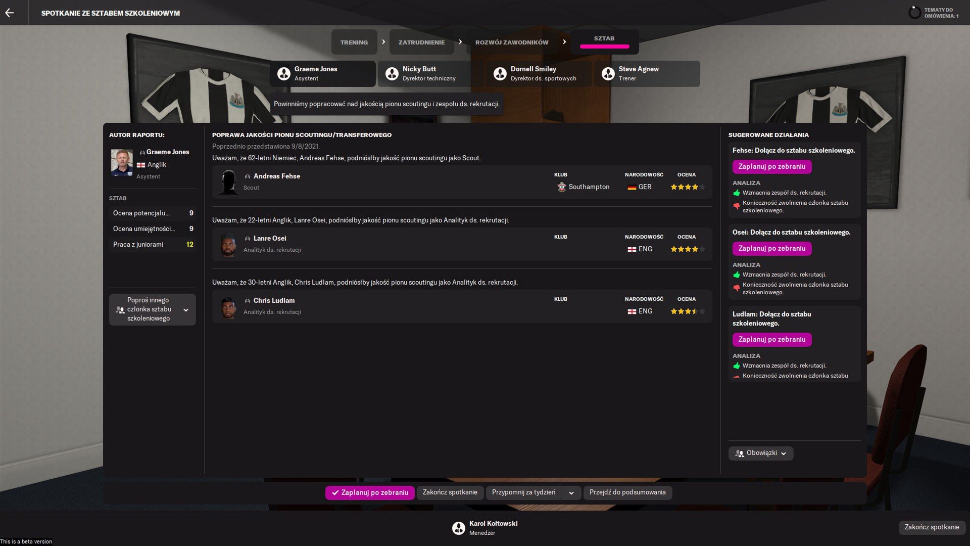 Football Manager 2022 zebrania sztabu
