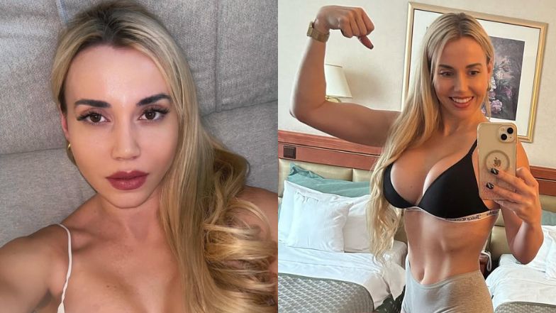 Odziana w sportowy stanik Marianna Schreiber pręży bicepsa