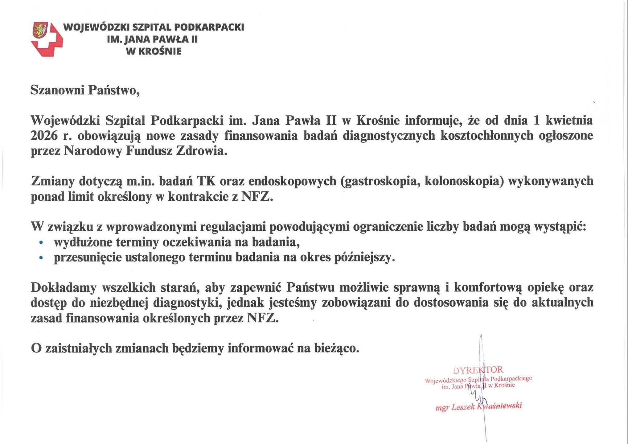 Oficjalny komunikat szpitala w Krośnie