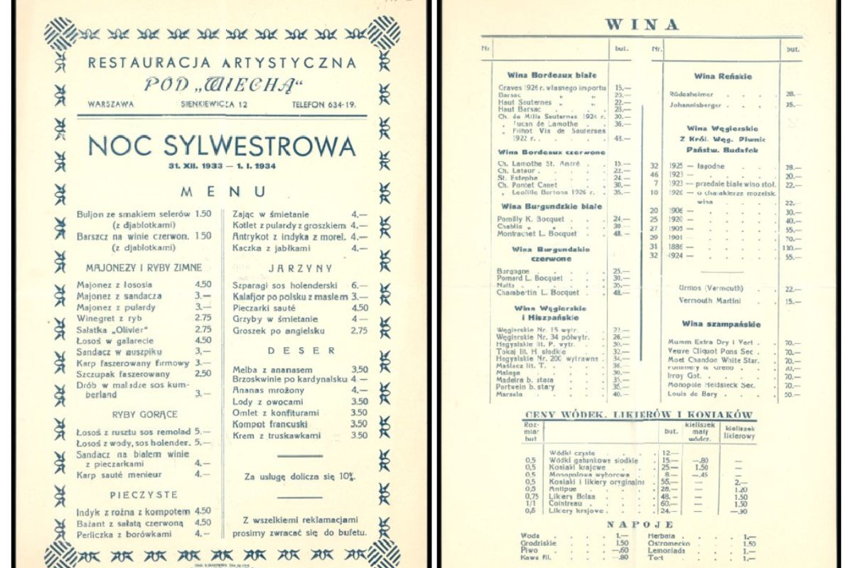 Menu sylwestrowe z 1932 na 1933 r.