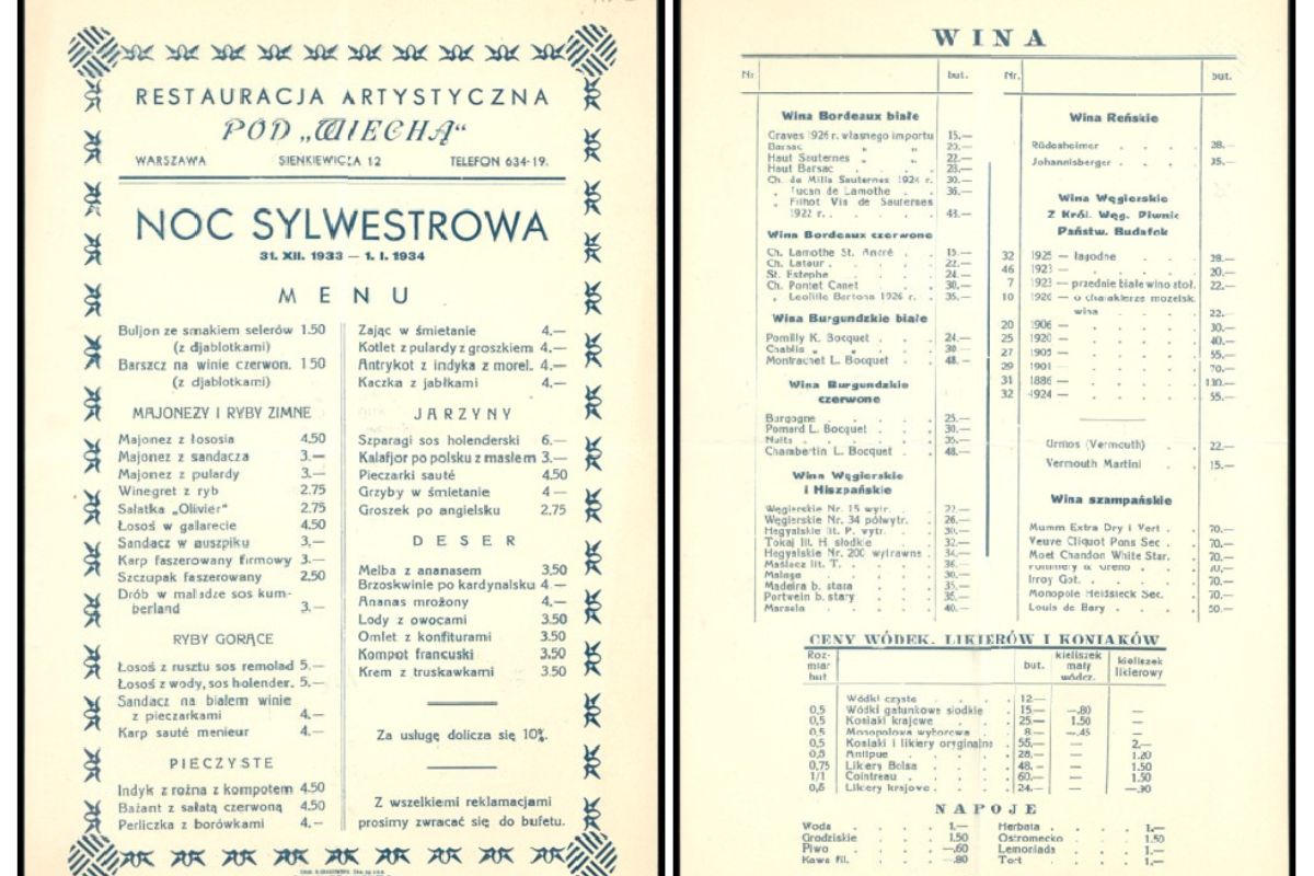 Menu sylwestrowe z 1933 na 1934 r.